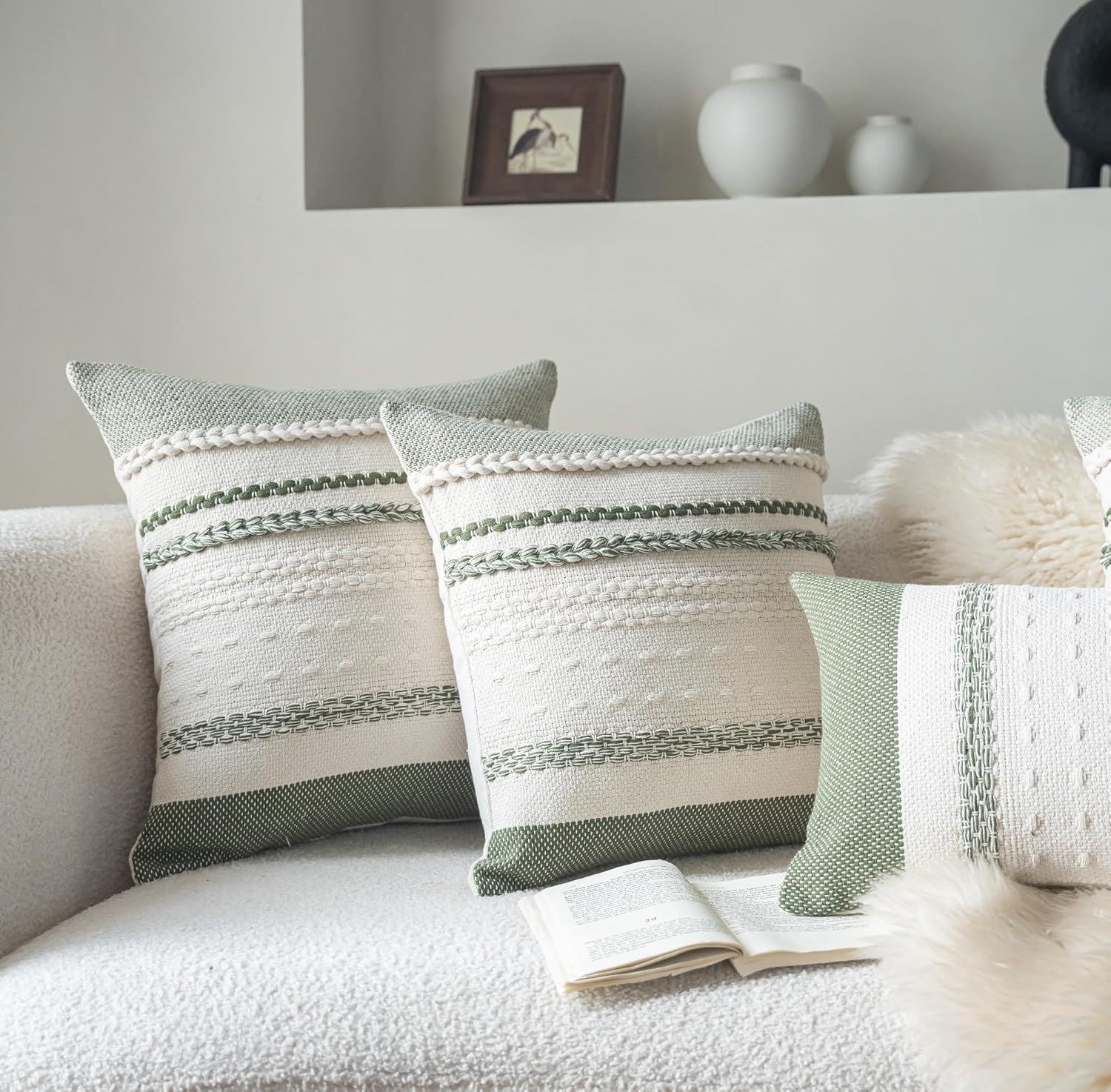 Cethom Boho Throw Pillow Covers 18x18 Inch Set of 2, Green Textured Decorative Couch Pillow Cases for Farmhouse Home Decor, Accent Cushion Cover for Sofa, Bed, Living Room, Bedroom