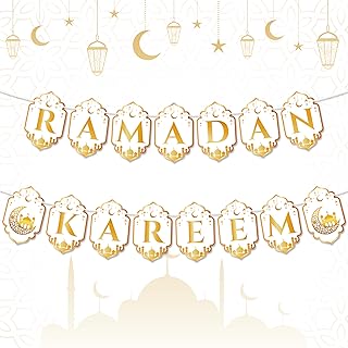 WATINC 2pcs Ramadan Kareem Banner Eid Mubarak Decoration, Ramadan Mubarak Hanging Banners Decor, No DIY Needed Eid Al-Fitr Party Supplies Hang Bunting for Home Tree Fireplace Wall 10 Feet (White Gold)