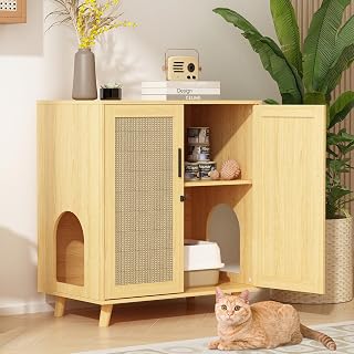 MOOLIVE Cat Litter Box Enclosure, Hidden Cat Litterbox Furniture with Storage, Wooden Cat House with Adjustable Shelf and Cat Scratcher Mats, Cat Washroom for Bedroom, Living Room, Natural