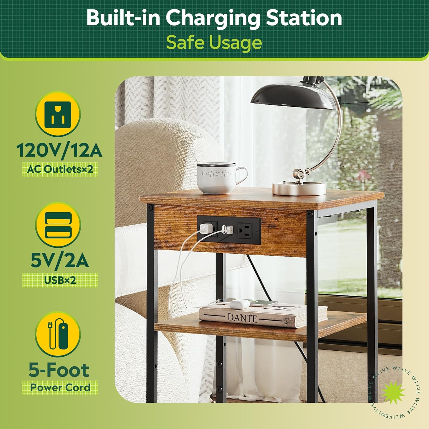 WLIVE End Table with Charging Station, Small Night Stand with 3 Storage Shelves, Side Tables for Small Spaces, Bedside Tables for Living Room, Bedroom, Rustic Brown - Image 4