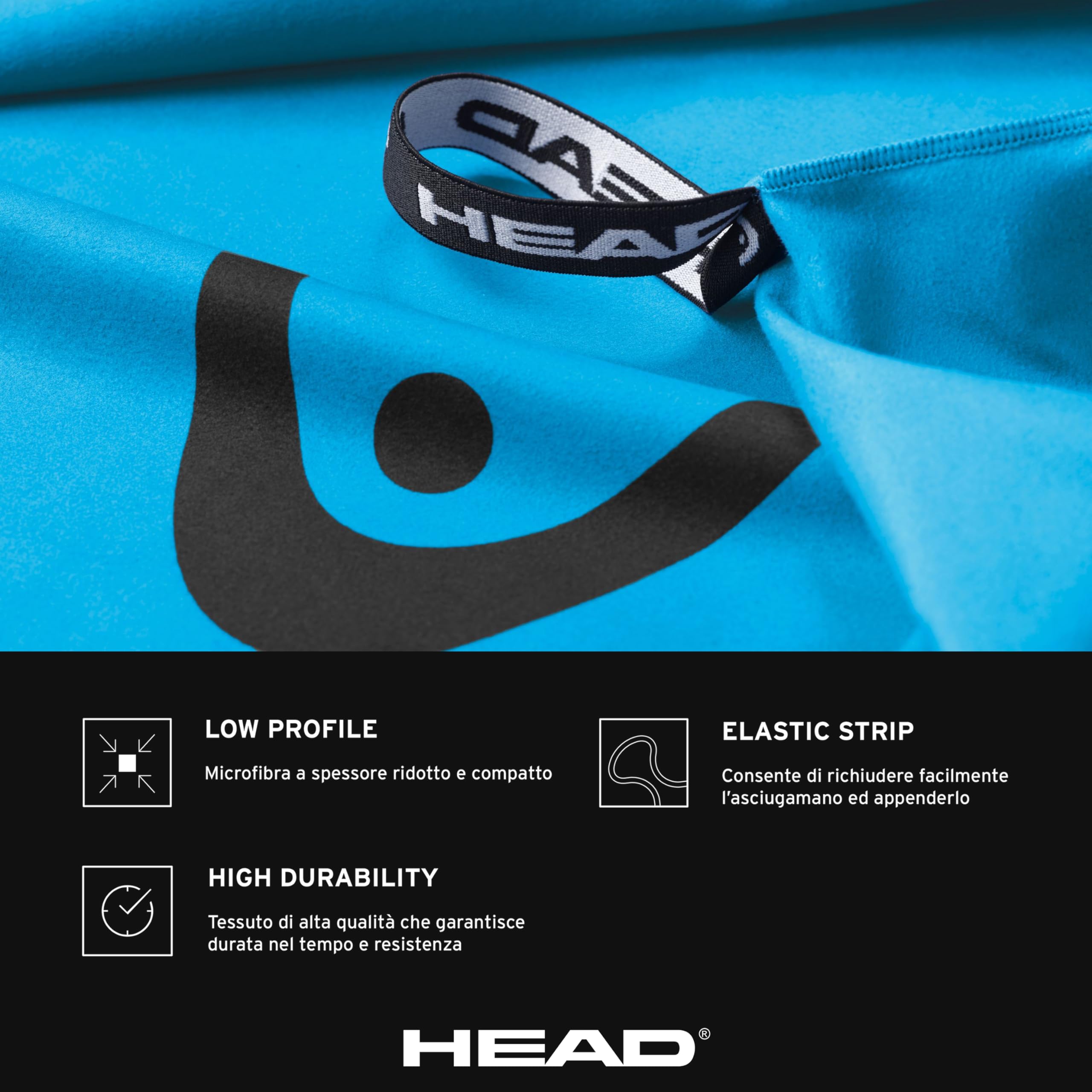 HEAD Active - Asciugamano Microfibra con Elastico, Asciugamano Palestra Leggero Rapida Asciugatura, Valido come Telo Multiuso - Asciugamani Bagno Assorbente Salvaspazio da Viaggio 70x140, Uniform Blue