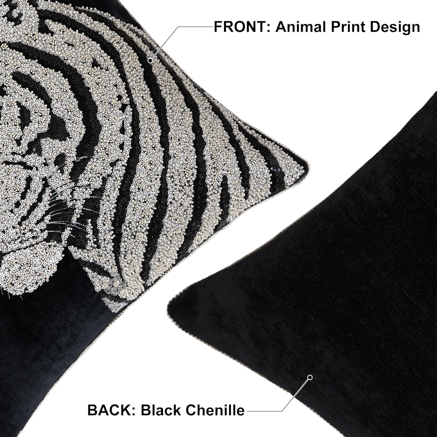 1-Piece Luxury Tiger Throw Pillow Covers 20x20 Inch, Black Chenille Embroidered Cushion Cover, Modern Animal Beaded Sparkling Square Decorative Pillowcase for Living Room Couch Sofa Bed