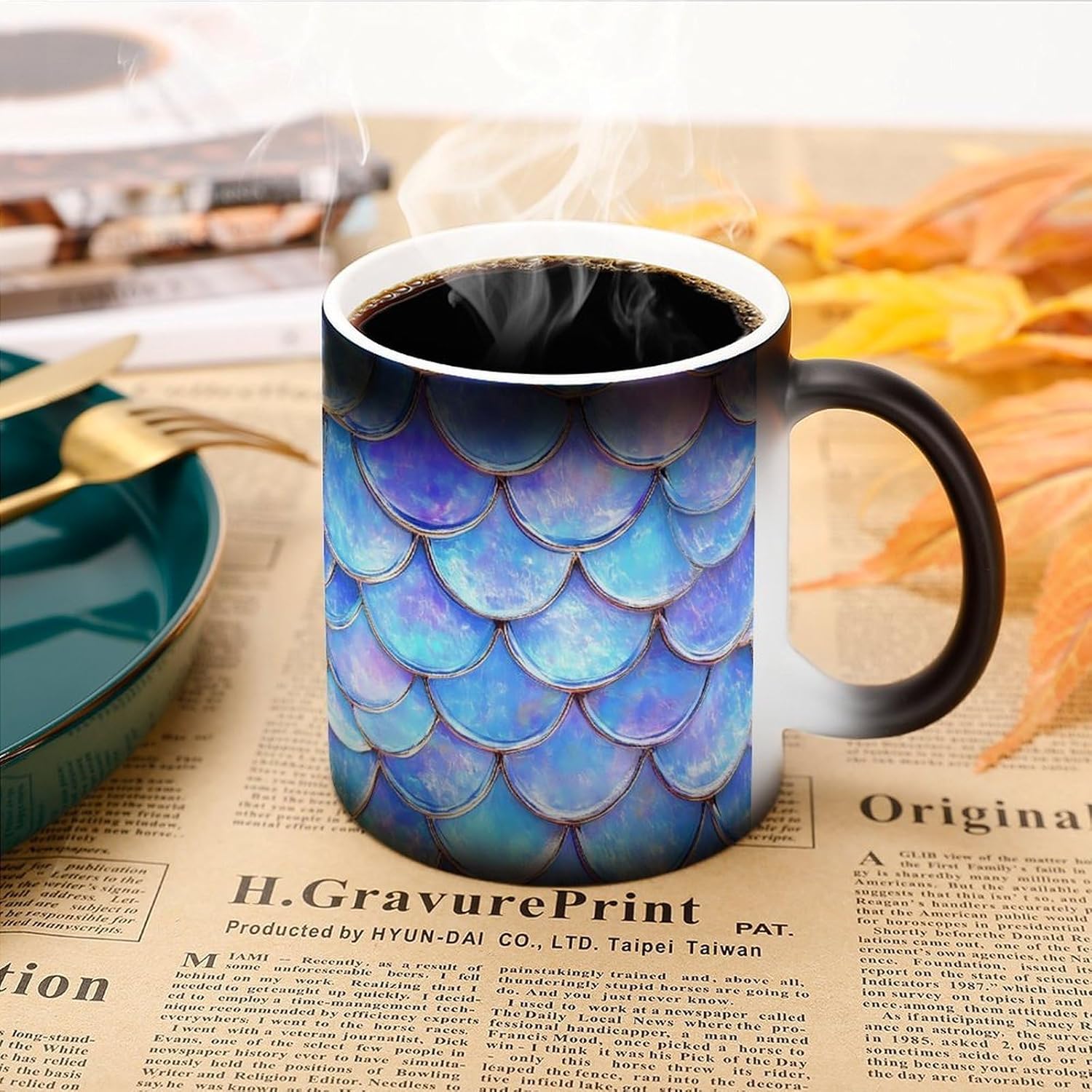 Blue Mermaids Scales Color Changing Mug Heated Ceramic Cup Heat Sensitive Coffee Mug Fun Gift