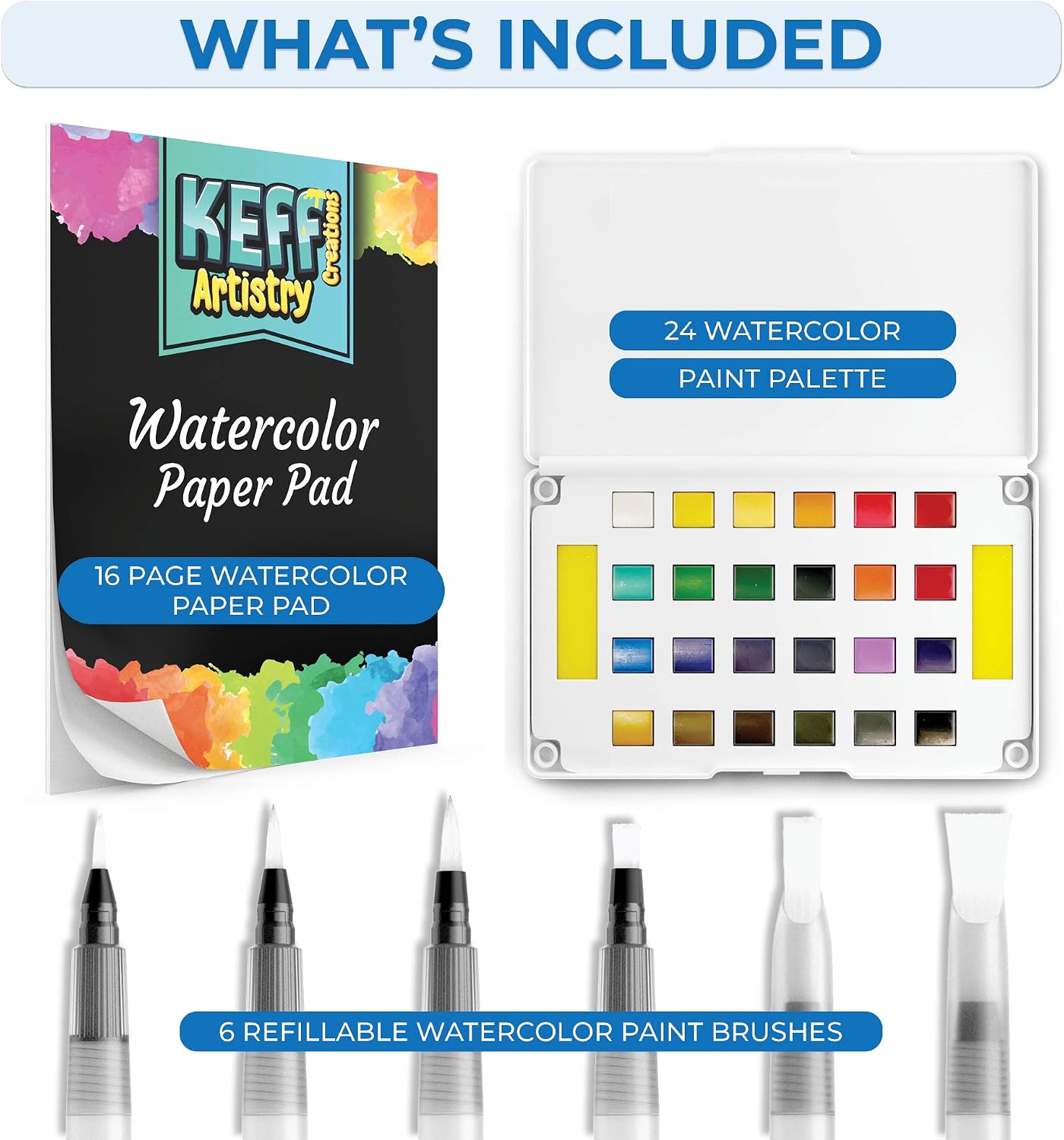 KEFF Watercolor Paint Set for Adults and Kids - 24 Water Colors Painting Kit with Refillable Brush Pens, Palette and Paper Pad - Supplies for Artists & Beginners