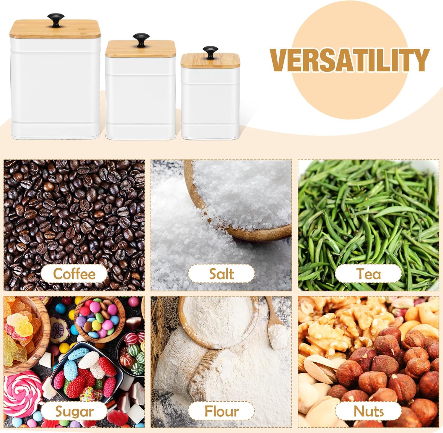 Tioncy Kitchen Canisters for Countertop Set of 3 Metal Canisters Sets with Bamboo Lids Spoon Airtight High Capacity Coffee Tea Sugar Flour Jars with DIY Labels Farmhouse Food Storage(White,XL,L,M)