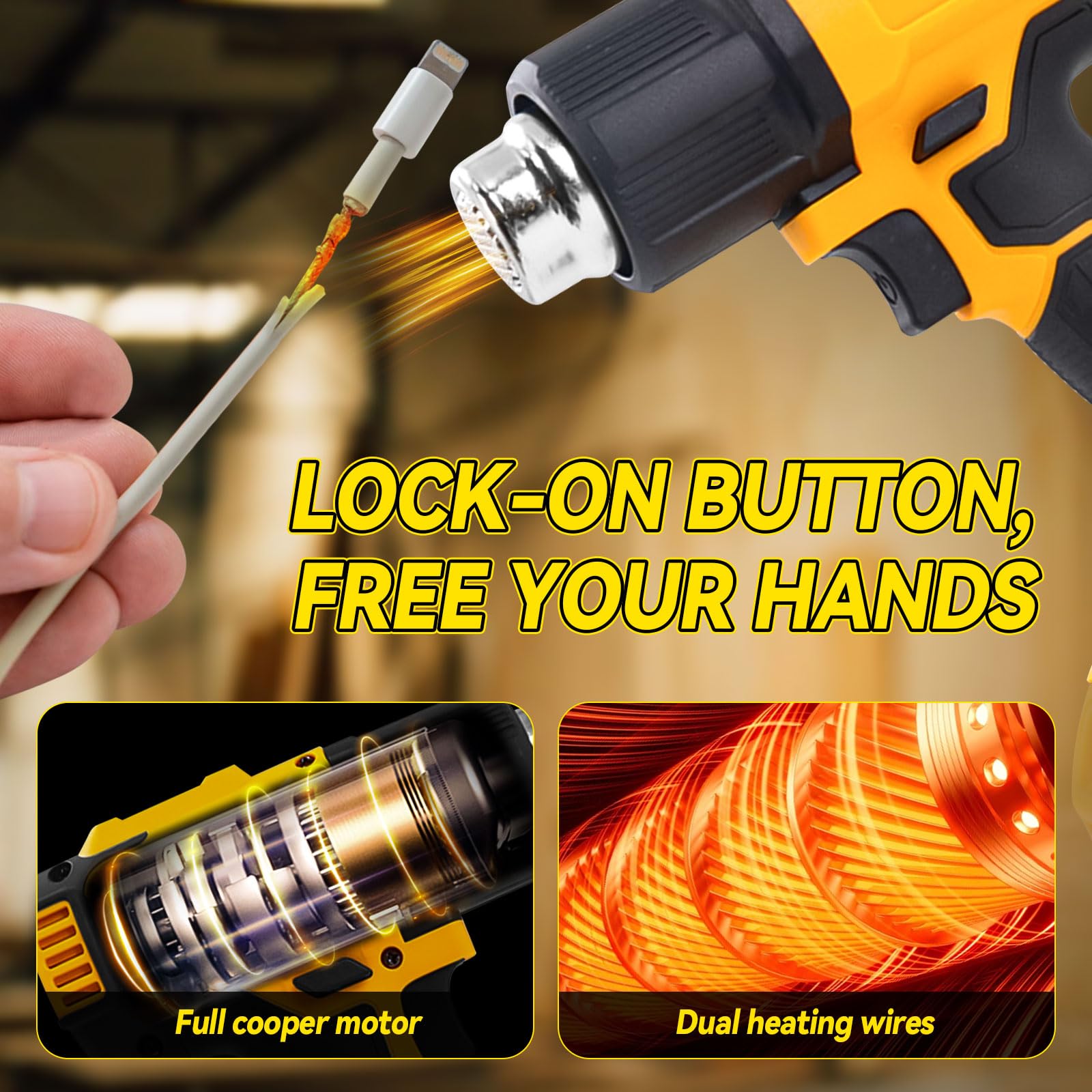 Pistola termica senza fili per batteria DeWalt da 20 V, pistola ad aria calda senza fili con 5 ugelli, 2 impostazioni di temperatura max 550 °C per tubi termoretraibili in vinile per fai da te