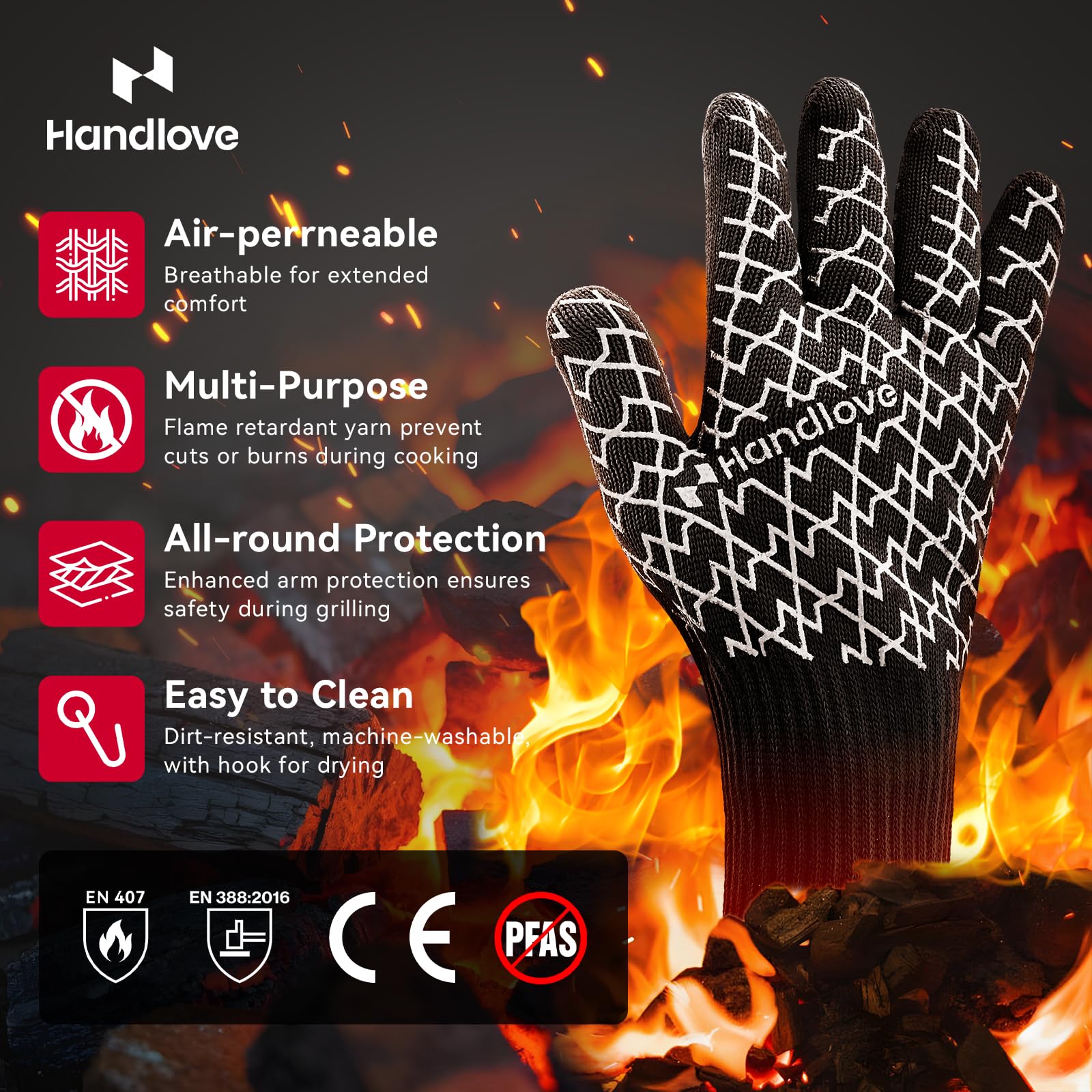 HandLove Guantes para barbacoa, resistentes al calor, guantes de horno para expertos culinarios, protección extrema ignífuga, agarre de silicona, guantes de puño largo, cocina y barbacoa al aire