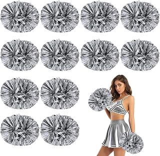 12 Pcs Metallic Cheerleading Pom Poms, 12Inch Cheerleader Pompoms with Baton Handle, Cheerleading Flower Ball for School Team Sports Games Dance Cheering Cheer Pom Poms for Kids Adults