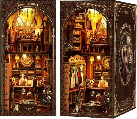 Book Nook Corner mini House Set, DIY Royal Tailor's mini Light and Shadow Book Stand Set, and 3D Wooden Puzzle Bookshelf with LED Lights for Plug-in Decoration, Suitable for Teenager.
