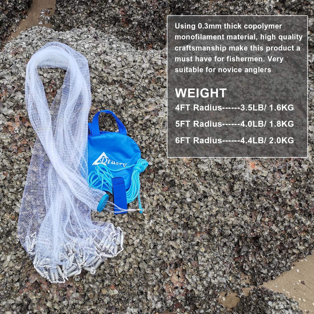 Drasry Saltwater American Fishing Cast Net 3/8inch Mesh Size for Bait