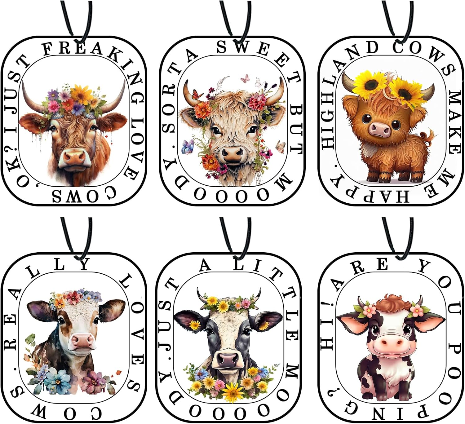 Highland Cow Car Air Fresheners, Cute Cow Print Stuff Hanging Car Accessories Merch Stuffed Animals Decor Gifts 6 Pack for Women Men Home Decorations Party