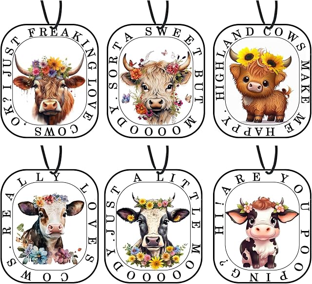 Highland Cow Car Air Fresheners, Cute Cow Print Stuff Hanging Car Accessories Merch Stuffed Animals Decor Gifts 6 Pack for Women Men Home Decorations Party