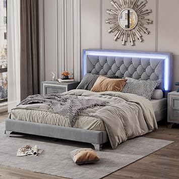 Queen Size Upholstered Bed Frame with LED Lights,Modern Velvet Platform Bed with Tufted Headboard,Gray