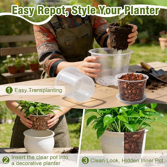 12/10/8/6/4 Inch Clear Nursery Pots with Drainage and Saucers, 20 Pack Large Clear Plastic Nursery Pots for Plants, Seedling Plant Pots for Repotting and Growing Plants, Flowers & Vegetables