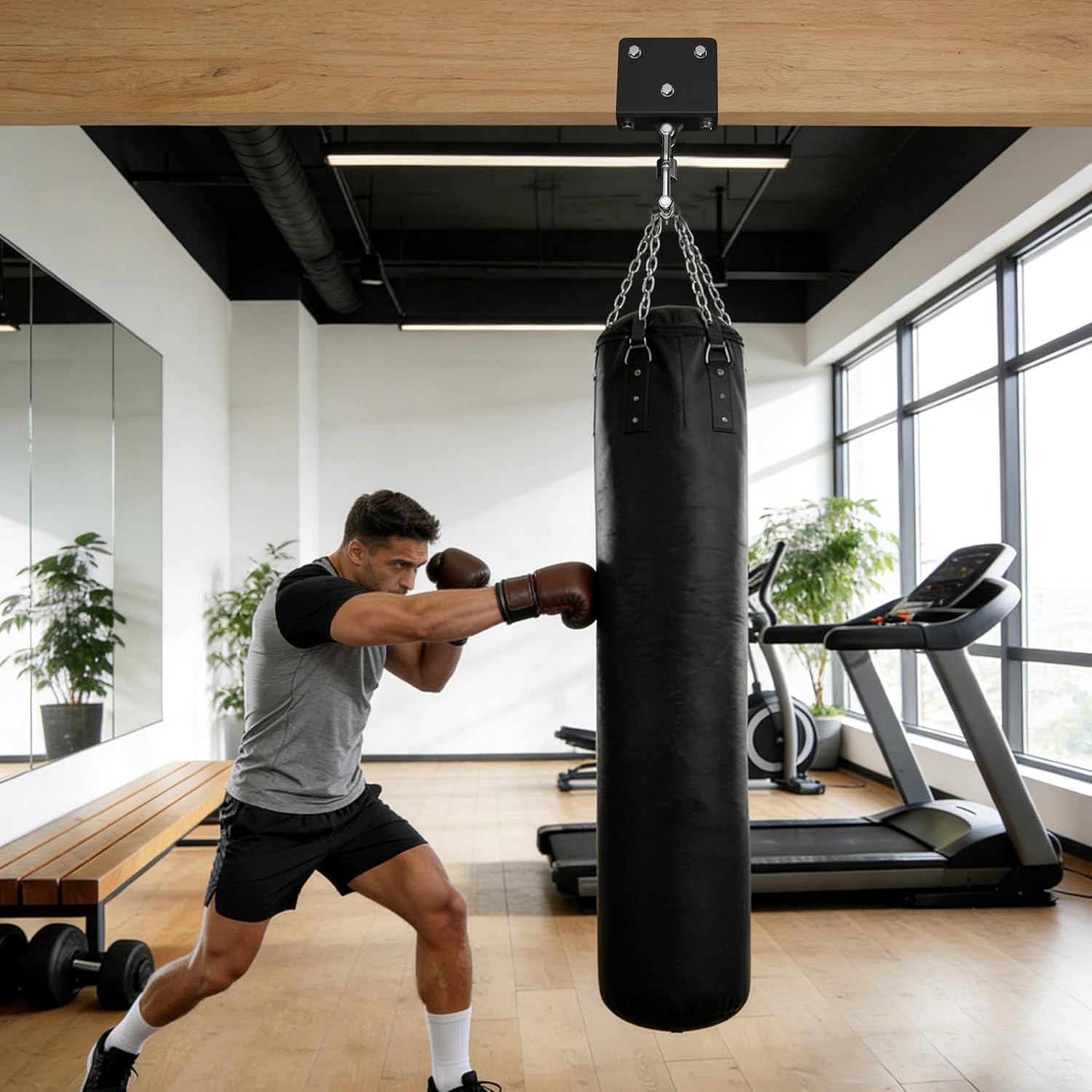 Punching Bag Hanger for Wood Beam, Joist & Rafter, 900 LBS Heavy Bag Mount with 360° Swivel, 5mm Thick Solid Steel L-Shaped Bracket for MMA, Muay Thai & Home Gym