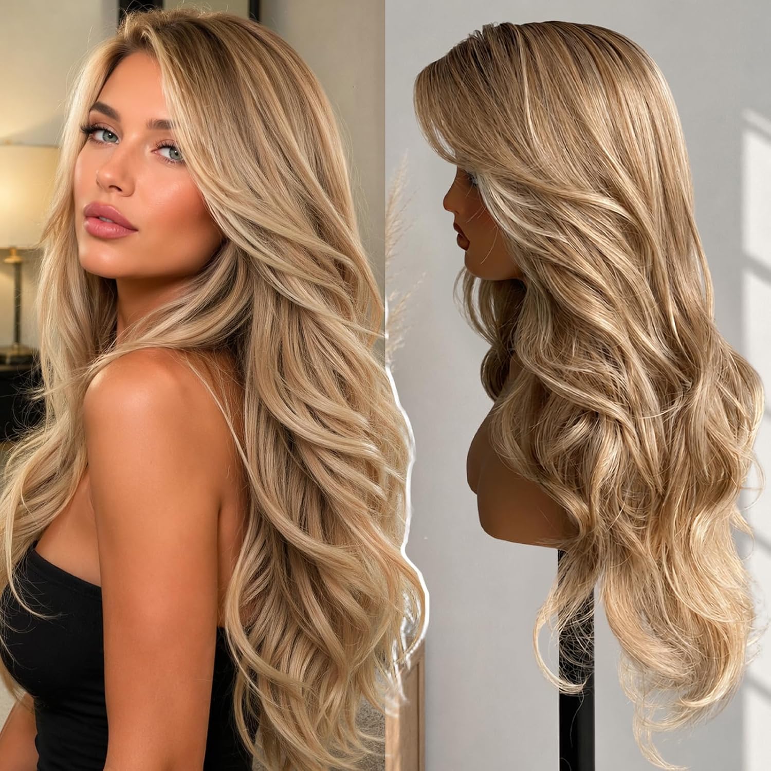 KOME Balayage Brown Highlight Synthetic Lace Front Wig,13x4 HD Lace Glueless Layered Brown Bouncy Blowouts Old Money Styler Wigs for Women Daily Use 26IN（#TT6/166）