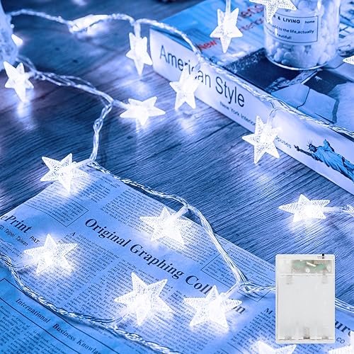 Minetom - Cadena de luces con forma de estrella operadas a pilas - 5.2 m, 50 luces LED, impermeables, con temporizador, para decoración de