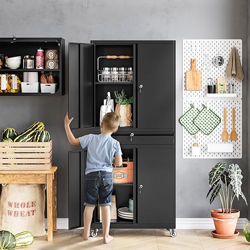 Vista 68 de MIIIKO Armario de almacenamiento de metal con puertas de bloqueo, armarios de acero con cerradura de garaje negro con 4 puertas y 5 estantes