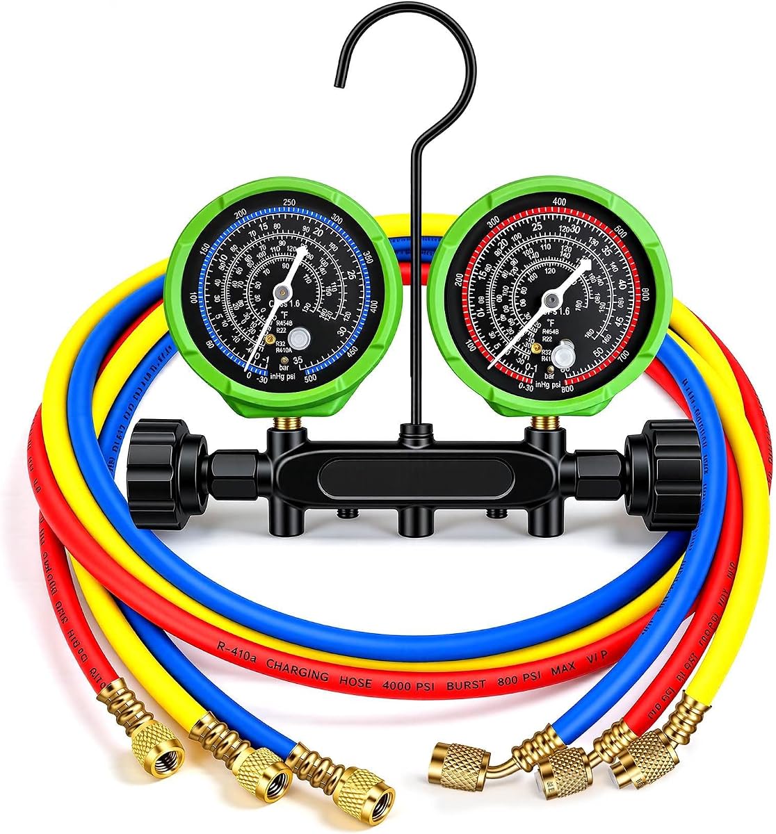 HVAC Manifold Gauge Set with 5FT Hoses, (PSI °F) A2L Compatible, Fits R32 R454B R410A R22 Refrigerant, Precision Pressure & Temperature Dial, Forged Brass Body with Needle Valve