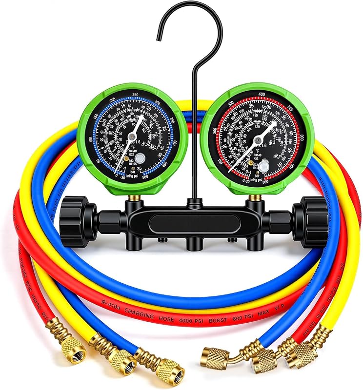 HVAC Manifold Gauge Set with 5FT Hoses, (PSI °F) A2L Compatible, Fits R32 R454B R410A R22 Refrigerant, Precision Pressure & Temperature Dial, Forged Brass Body with Needle Valve