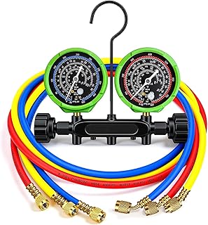 HVAC Manifold Gauge Set with 5FT Hoses, (PSI °F) A2L Compatible, Fits R32 R454B R410A R22 Refrigerant, Precision Pressure & Temperature Dial, Forged Brass Body with Needle Valve