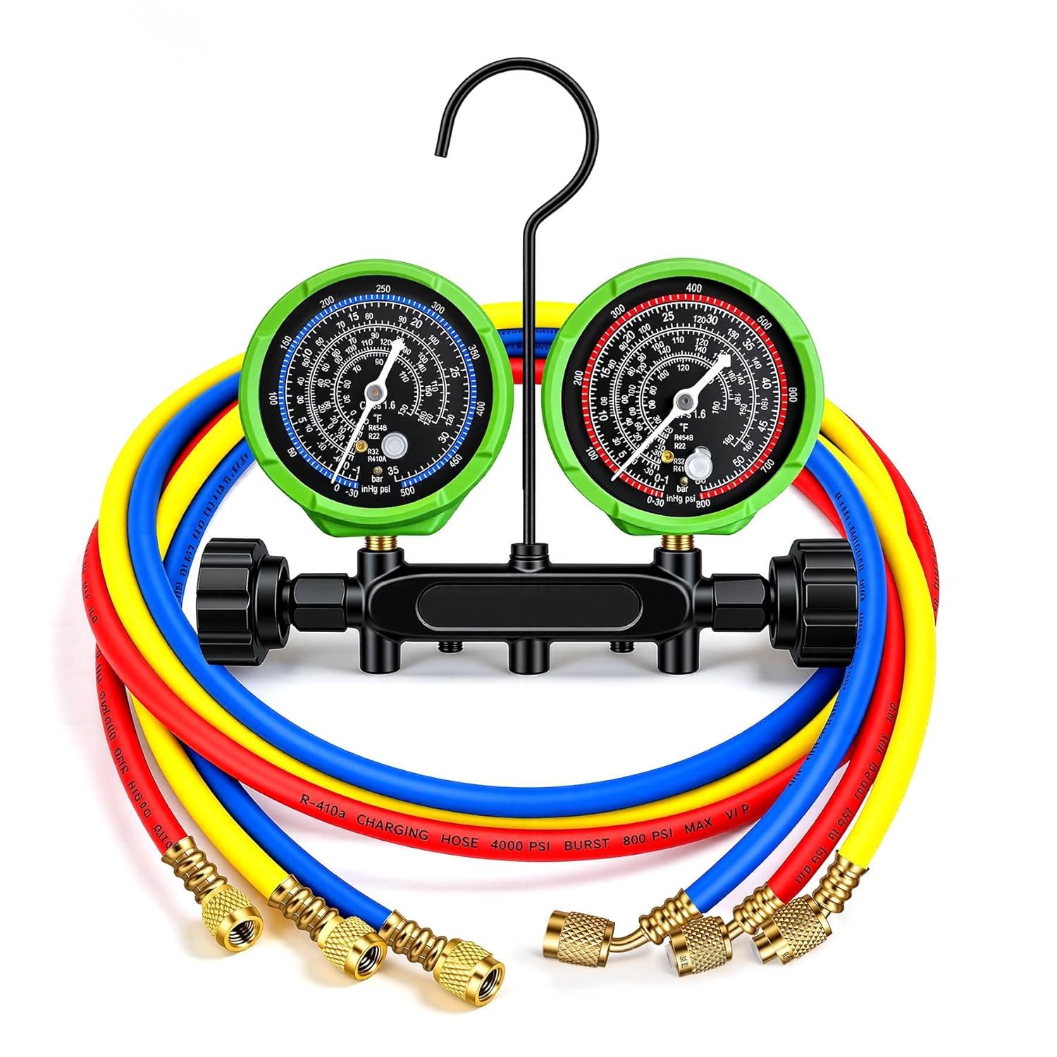 HVAC Manifold Gauge Set with 5FT Hoses, (PSI °F) A2L Compatible, Fits R32 R454B R410A R22 Refrigerant, Precision Pressure & Temperature Dial, Forged Brass Body with Needle Valve