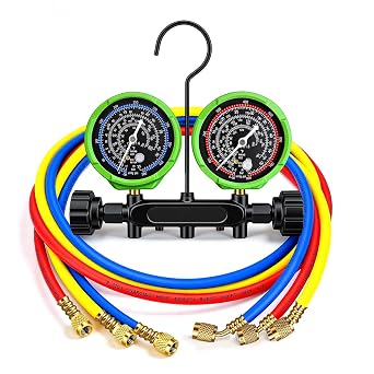 HVAC Manifold Gauge Set with 5FT Hoses, PSI F A2L Compatible, Fits R32 R454B R410A R22 Refrigerant, Precision Pressure & Temperature Dial, Forged Brass Body with Needle Valve