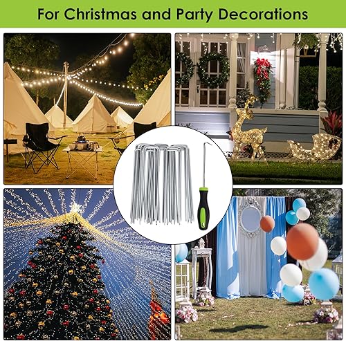 Miniatura 7 de CEWOR Juego de grapas para paisaje, 50 estacas de calibre 11 de 6 pulgadas y gancho para púa, estacas de jardín galvanizadas y pasadores SOD,