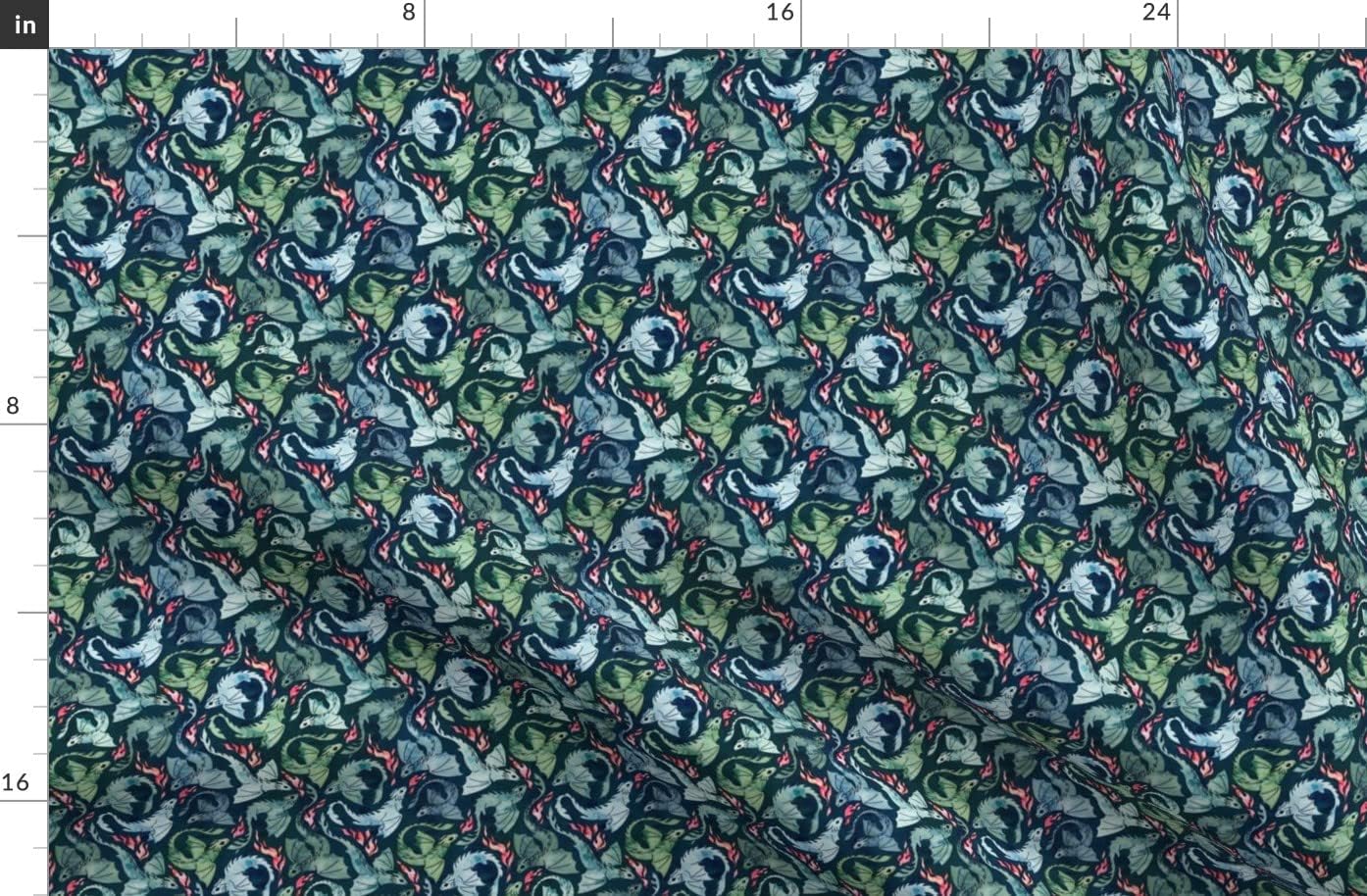 Spoonflower Fabric - Dragon Fire Dark Blue Green Super Small Navy Fantasy Watercolor Printed on Organic Cotton Sateen Fabric by The Yard - Sewing Quilting Apparel Home Decor