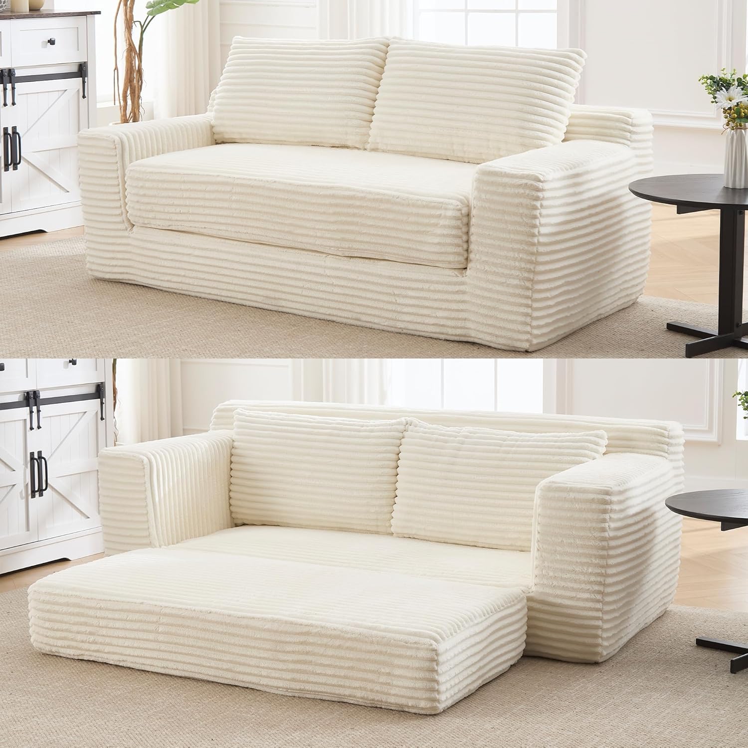 GNIXUU 71" Corduroy Cloud Loveseat Sofa, 2 in 1 Convertible Sleeper Sofa with Fixed-Shape Frame, Comfy Folding Boneless Love Seat Couches for Living Room, Apartment, Small Spaces Beige