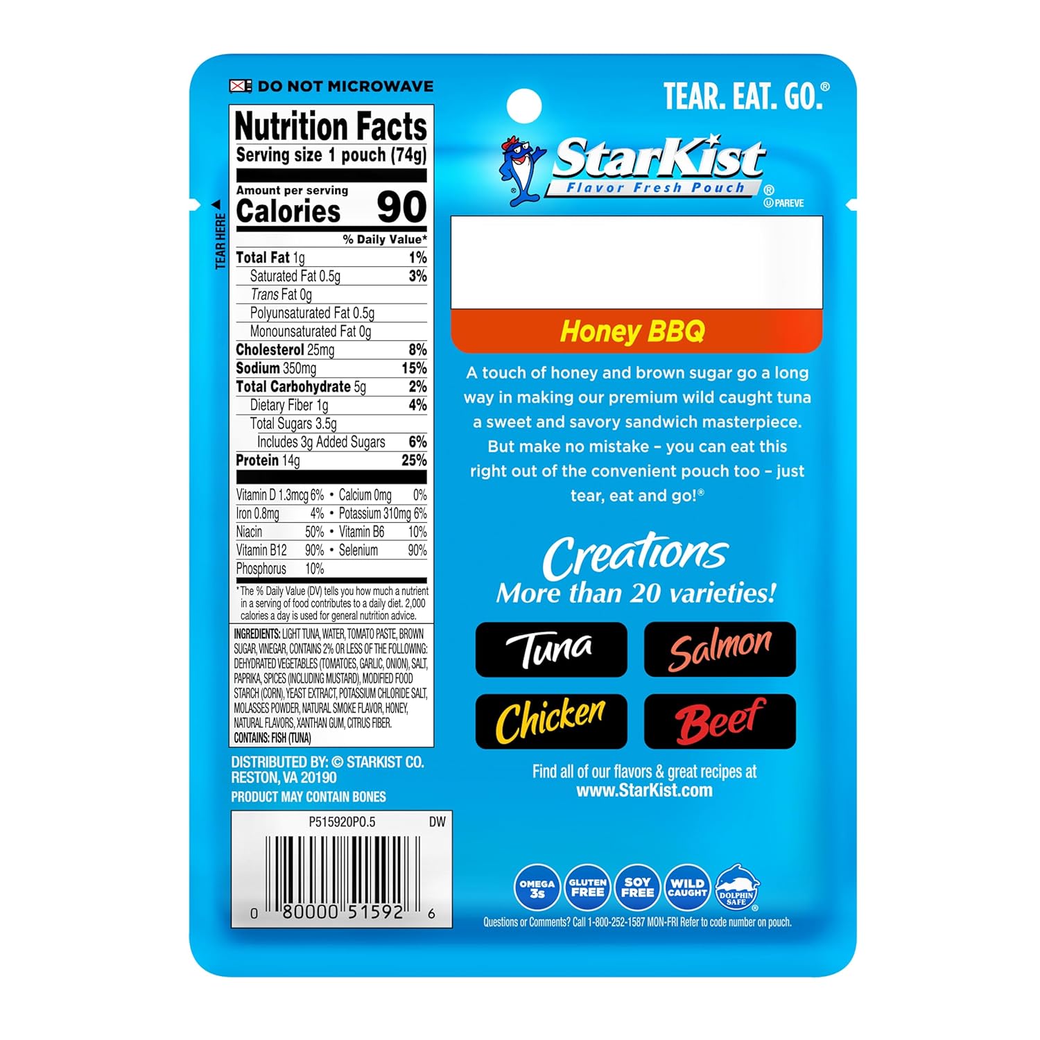 StarKist Tuna Creations Honey BBQ Pouch (2.6 oz - 24 Pack) Wild Caught, High Protein Shelf Stable Seafood, Gluten Free, Soy Free, No Draining, Ready to Eat for Salads and Sandwiches