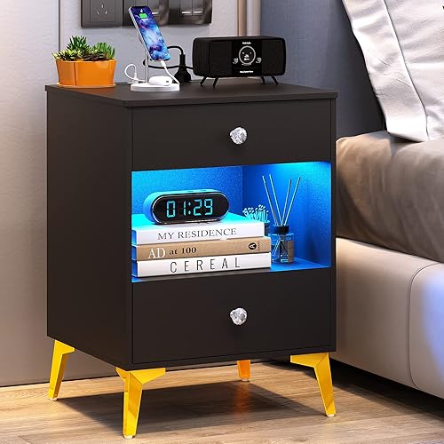 Miniatura 2 de Dystler Mesitas de noche modernas con 2 puertos USB, mesita de noche para dormitorio, mesa auxiliar inteligente con enchufe de alimentación y 2