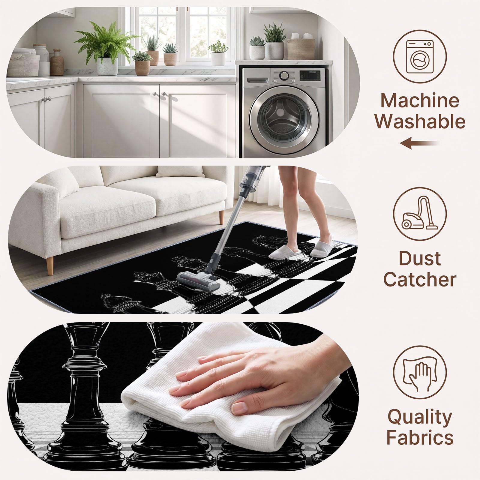 Alfombra moderna y clásica lavable, para salón, color blanco y negro, antideslizante, suave, 180 x 240 cm, para dormitorio, oficina, comedor, cocina y salón