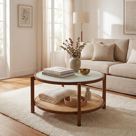 Tangkula 2-Tier Wooden Round Coffee Table, Walnut