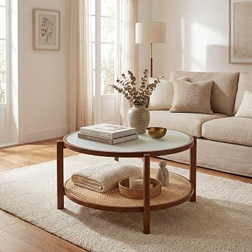 Tangkula 2-Tier Wooden Round Coffee Table, Walnut