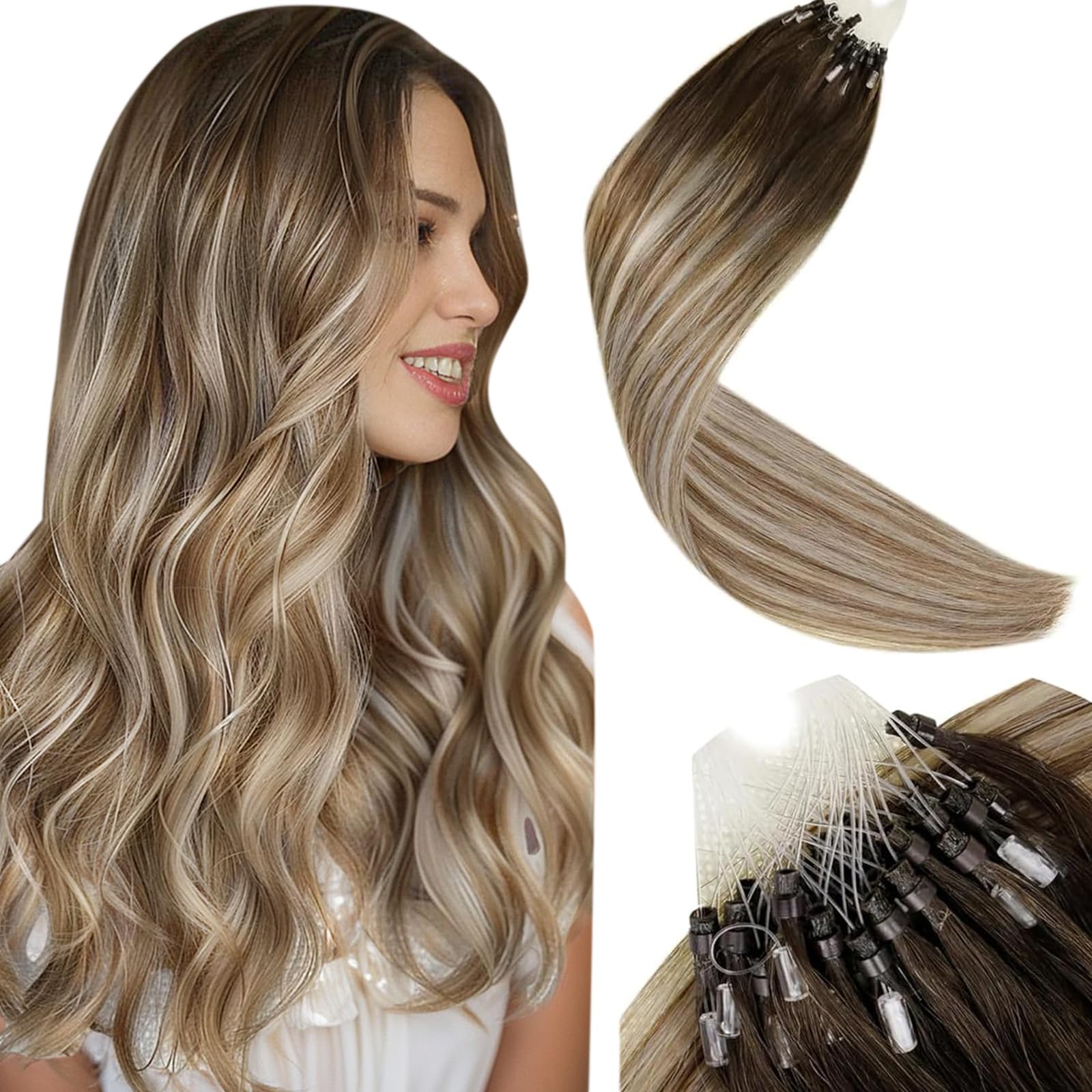 LaaVoo Micro Loop Hair Extensions Real Human Hair Brown Remy Straight Balayage Dark Brown to Platinum Blonde Invisible Micro Ring Hair Extensions 50g 50s 16 Inch #3/8/24