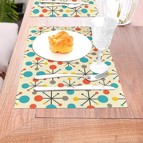 Miniatura 6 de Mid Century Fifties - Juego de 4 manteles individuales modernos y retro atómicos amarillos para cocina, comedor, granja, vacaciones, decoración del