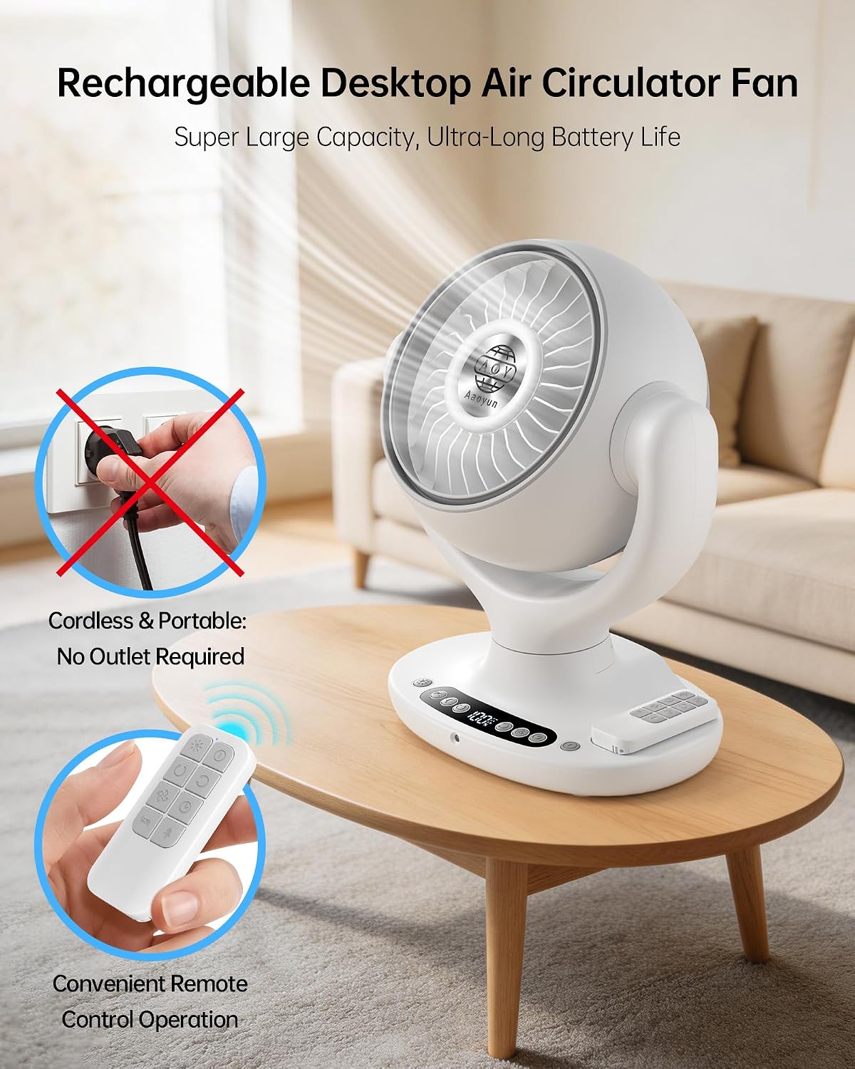 Aaoyun Cordless Desk Fan, 12000mAh Rechargeable Air Circulator with Remote, 3D Oscillating Table Fan, 8 Speeds Quiet DC Motor, 4-Level LED Light, Portable for Bedroom, Home, Office (D4)