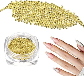 HARFINGTON Nail Art Beads 0.06" (1.5mm) Mini Metal 3D Caviar Nails Beads Ball Bubble Bead with Storage Box for Nail Art DIY Craft Decoration, Gold Tone