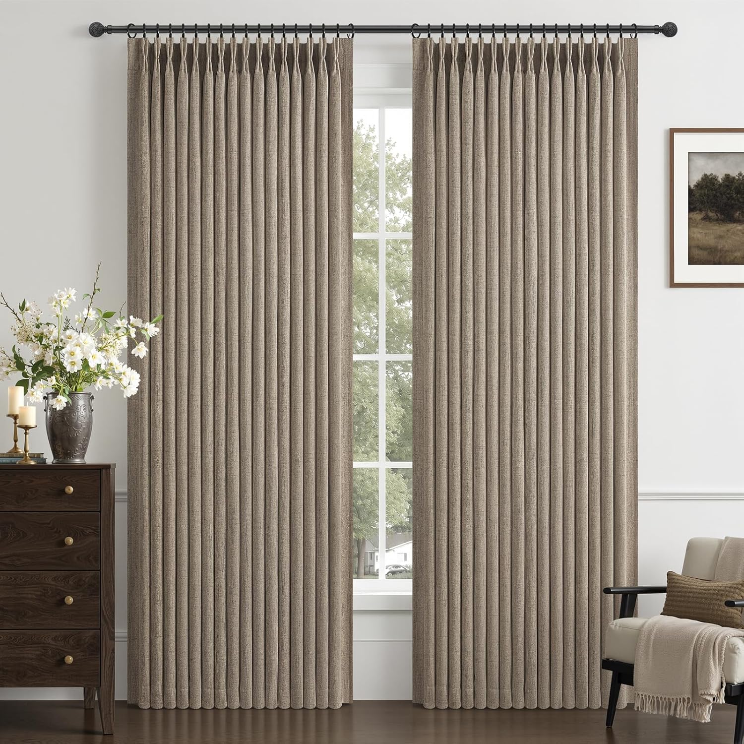 Honest review of Dark Flax 84 Inch Bedroom Curtains Pinch Pleated Blackout 2 Panels for Living Room, Viral Thick Brown Chocolate Linen Two Layer Memory Trained 7FT Long Thermal Farmhouse Drapes Hooks&Rings 50"W x 84"L