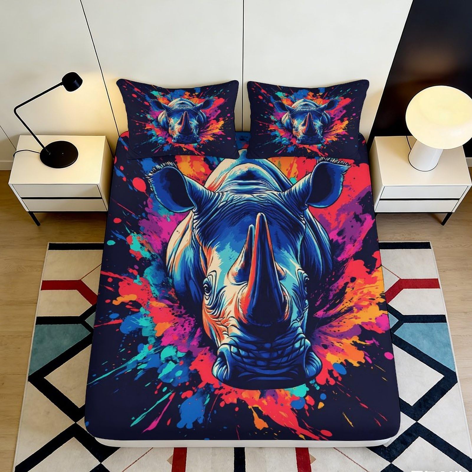 3D Printed Artistic Rhino Fitted Sheet Microfiber Deep Pocket Non-Slip Bedroom Bedding Colorful Rhino Mattress Fitted Cover for Adults Youth 200x200x25cm 90x200x25cm