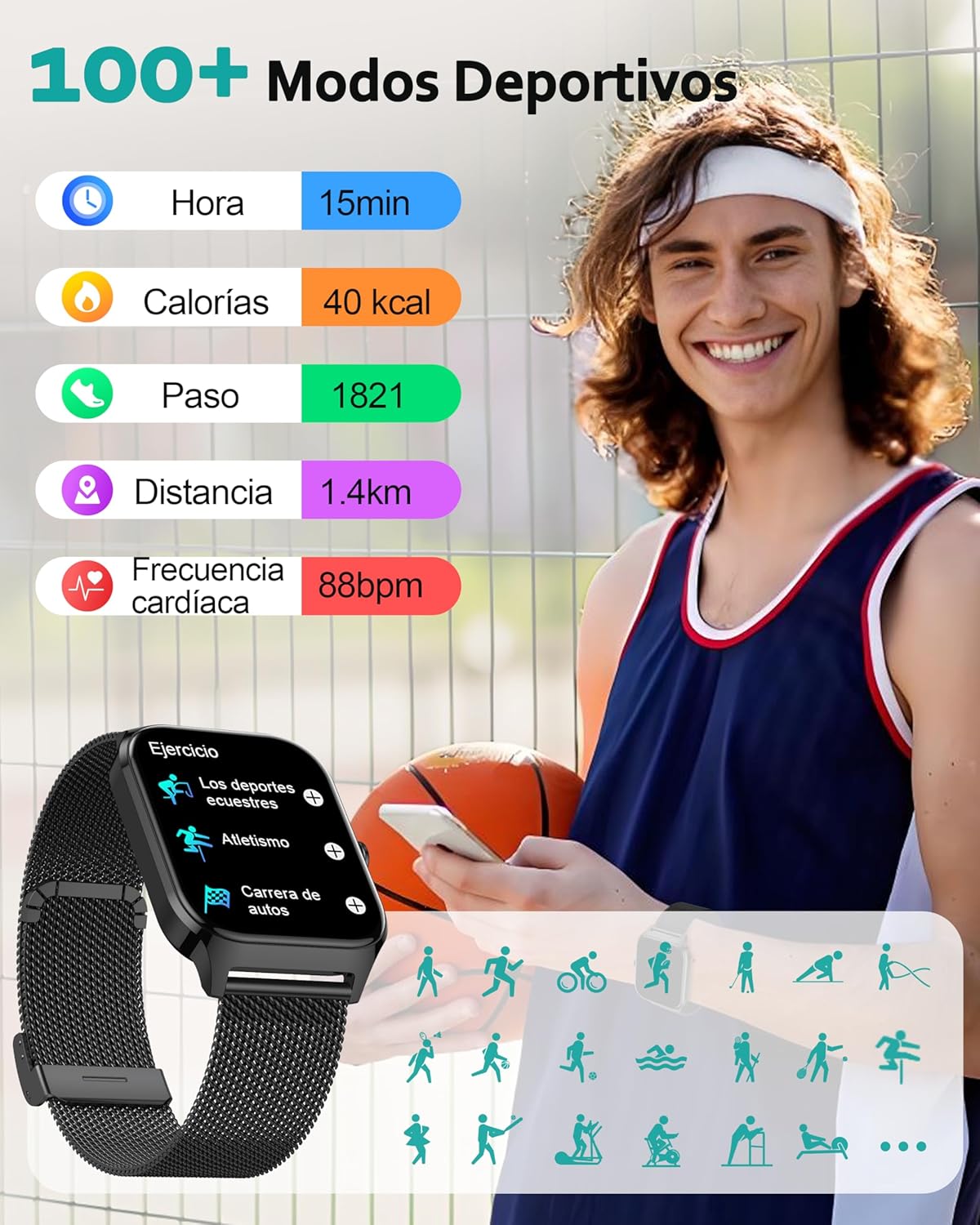Popglory Reloj Inteligente Mujer Hombre, Llamada Bluetooth, 100+ Deportes Smartwatch Recibir Whatsapp, Presión Arterial/Ritmo Cardíaco/Sueño/Estrés/SpO2, AI Relojes Deportivos, Regalo iOS Android 5