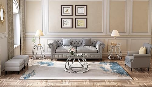 Miniatura 7 de O&K FURNITURE Mesa de centro de cristal, moderna mesa de centro plateada con base hexagonal, mesa de centro redonda para el hogar y la oficina,