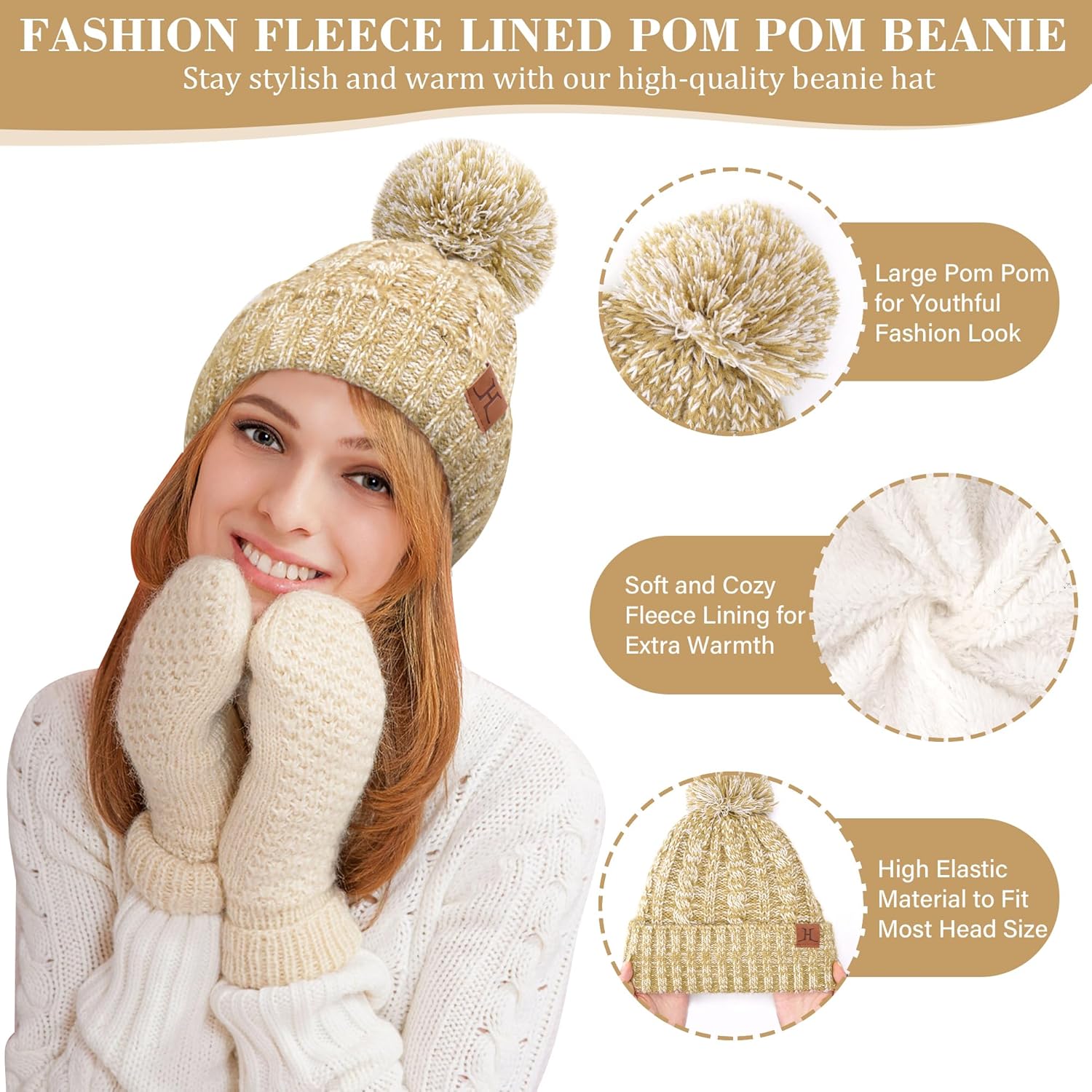 Womens Winter Warm Beanie Hat Touchscreen Gloves Long Scarf Set Rib Cable Knit Fleece Lined Skull Pom Caps - Image 2
