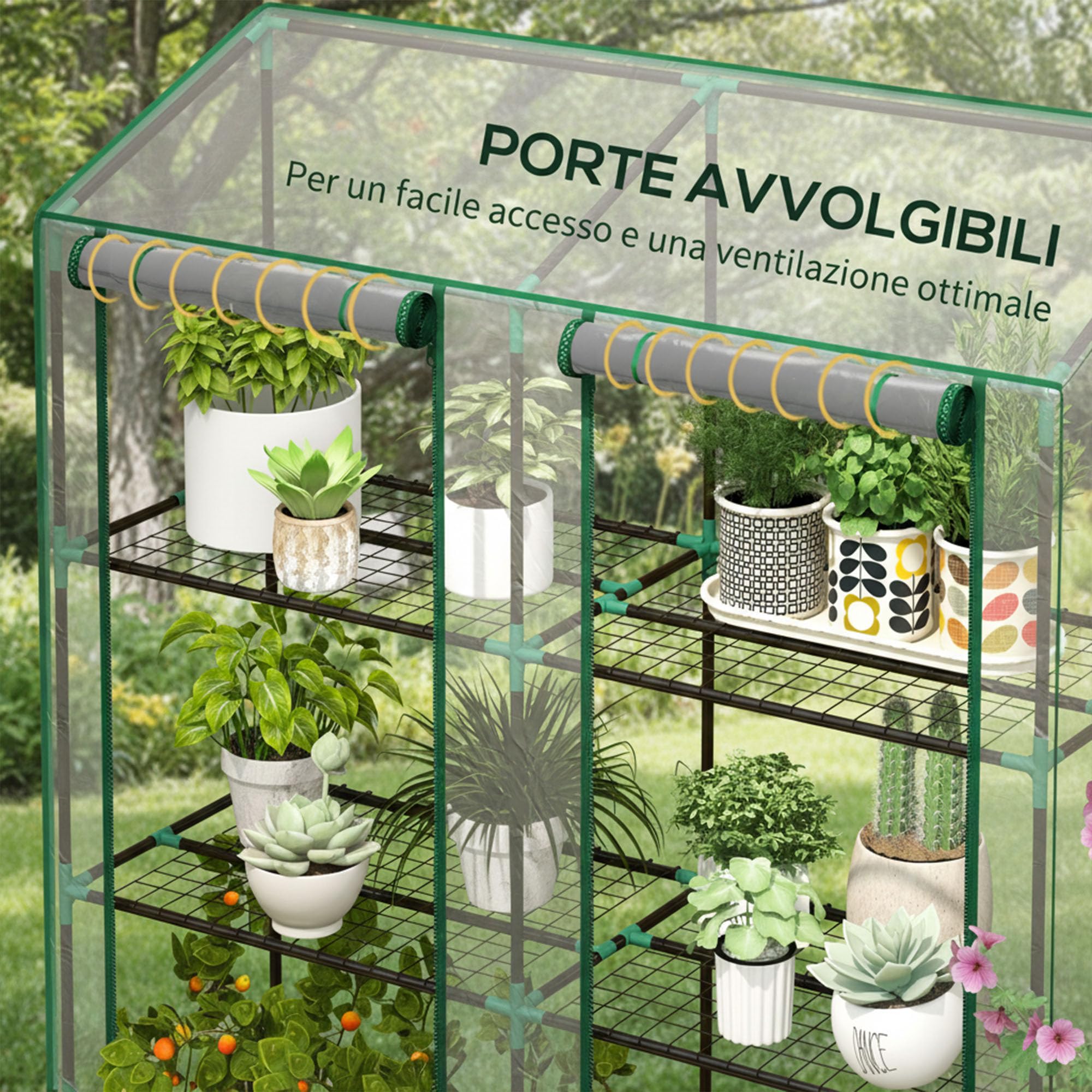 Outsunny Serra da Giardino 143x46x151cm con Struttura in Acciaio e Copertura Plastica, 6 Mensole a Rete, 2 Porte Avvolgibili, Serra per Orto Addossata per Verdure Fiori, Trasparente