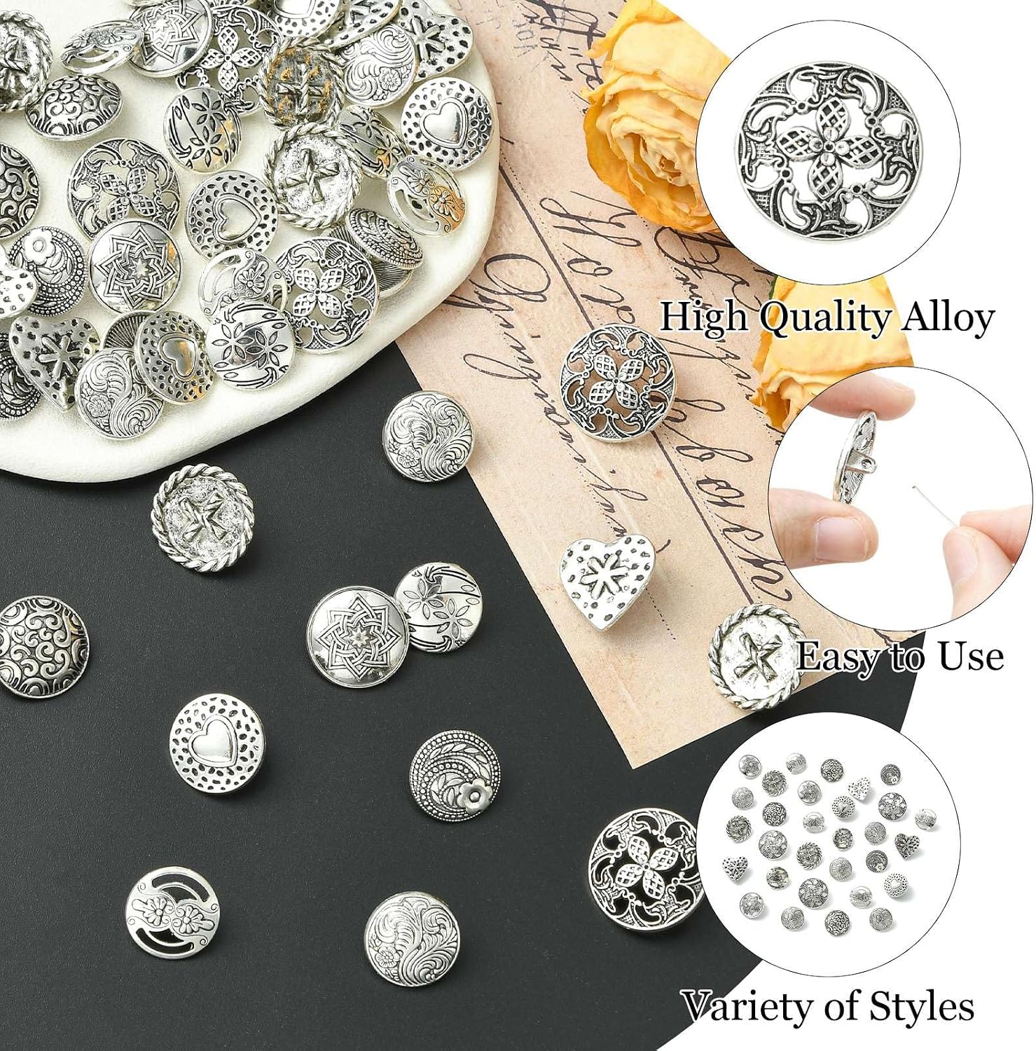 LiQunSweet 50 Pcs 10 Styles Antique Metal Shank Buttons 17-22.5mm Flower Round Cross Heart Shape Engraved Button Decorative Button for Women Men Clothes Sewing Crafts