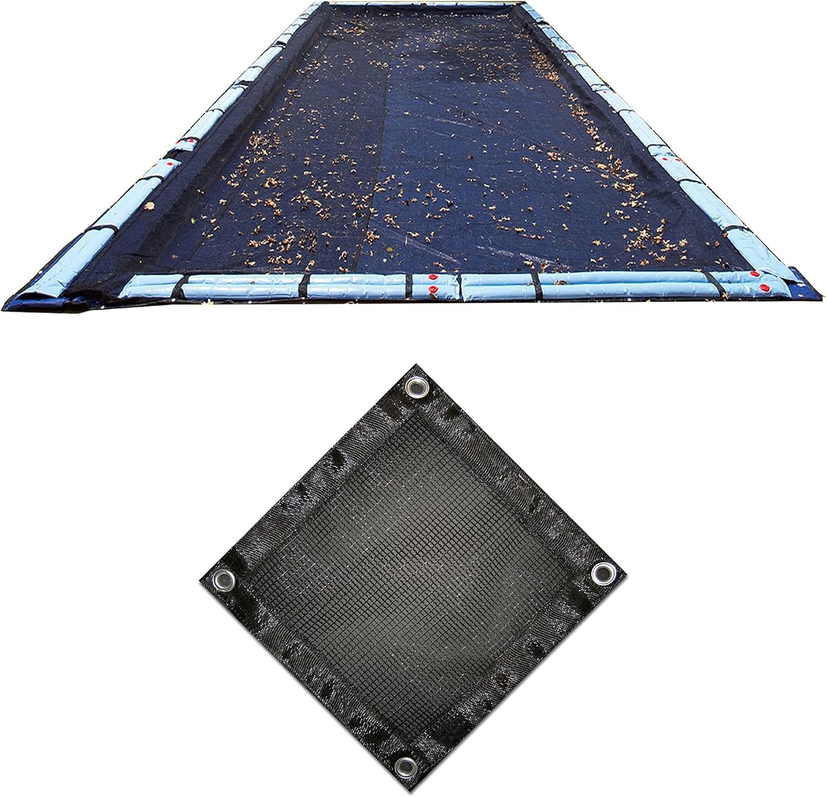 Red de hojas rectangular para cubierta de piscina en el suelo Blue Wave de 16 pies x 32 pies | Red de polietileno tratado, orificios de drenaje de 0,15 pulgadas, ojales de esquina reforzados, anclaje de tubo de agua, protección de hojas