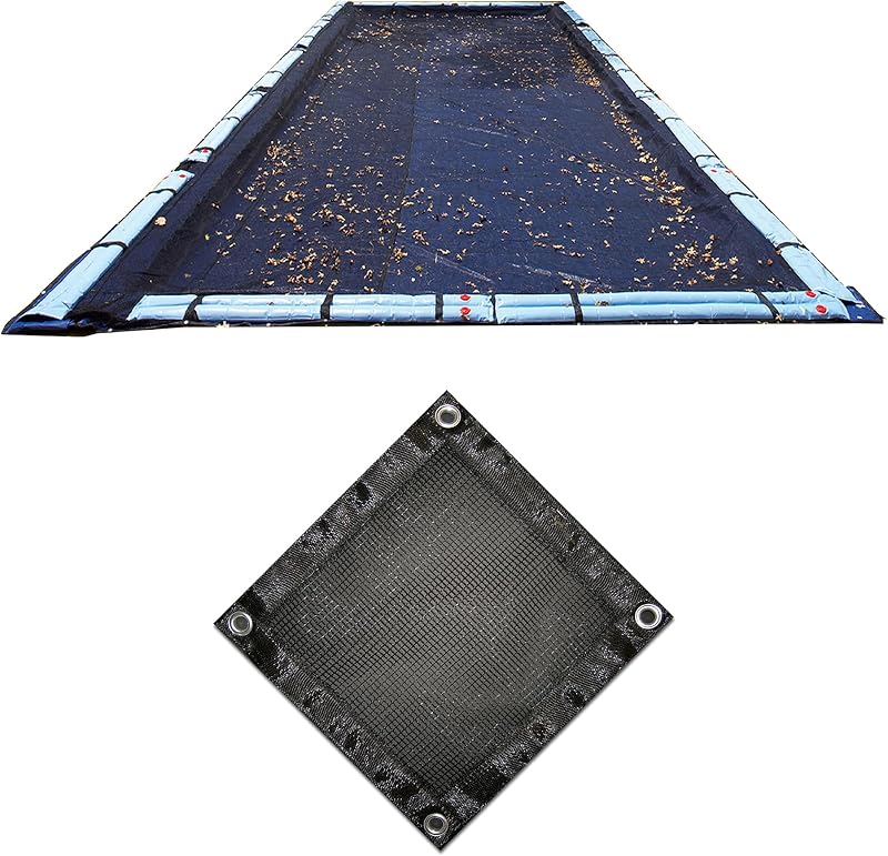 Red de hojas rectangular para cubierta de pileta en el suelo Blue Wave de 16 pies x 32 pies | Red de polietileno tratado, orificios de drenaje de 0,15 pulgadas, ojales de esquina reforzados, anclaje de tubo de agua, protección de hojas