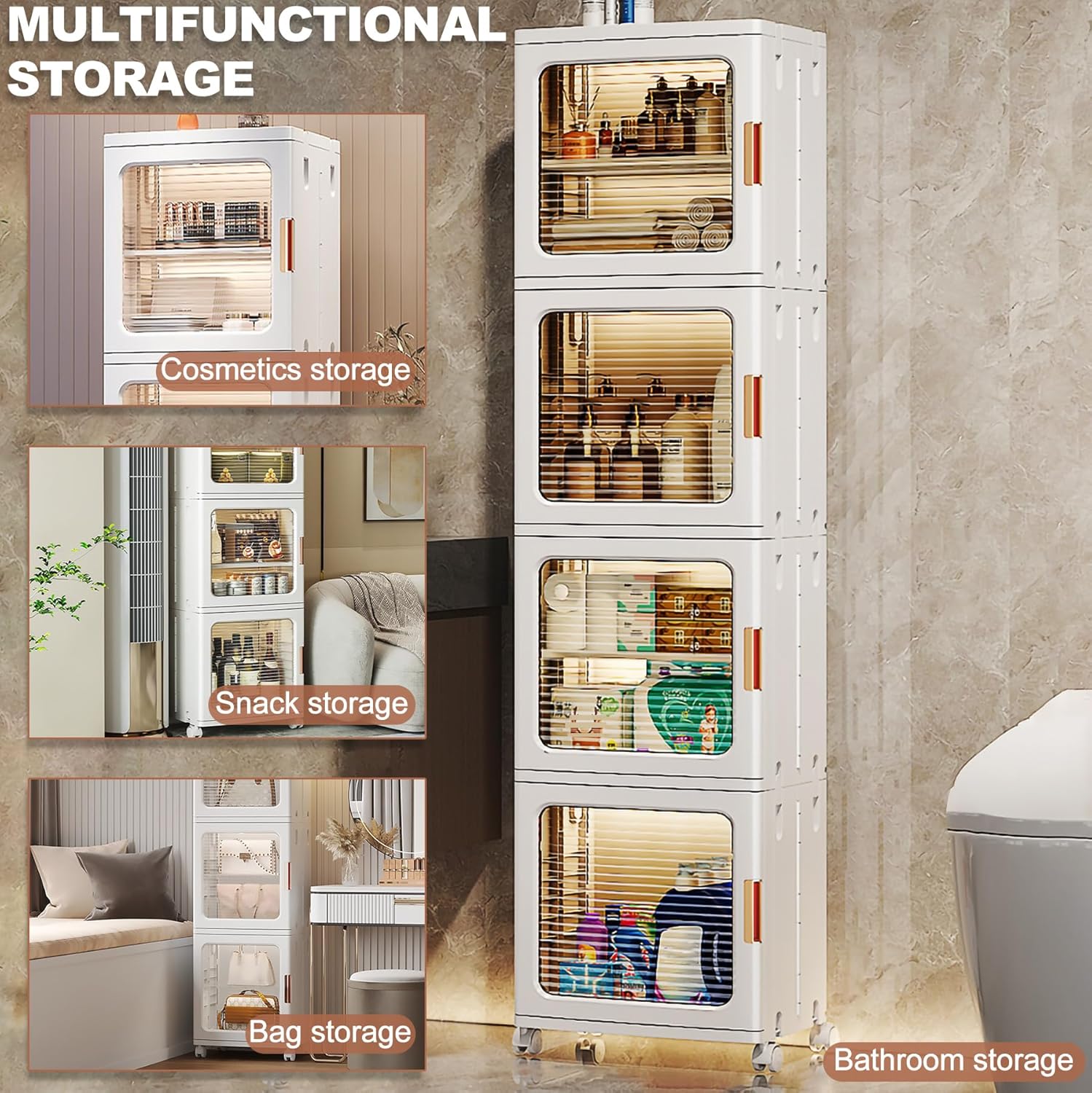 3 Tier Stackable Plastic Storage Bins with Wheels and Clear Doors for Living Room Dorm Laundry Room Kitchen Collapsible Containers,Tsparent Brown3 Tier