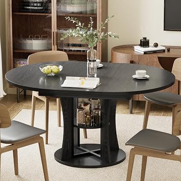 43.3in-59in Extendable Round Dining Table for 4-8, Modern Oval Kitchen Table with Storage Shelf, Space Saving Expandable Dining Room Table for Kitchen Living Room